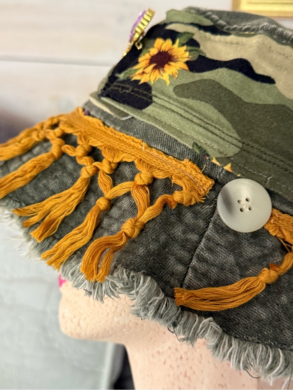 Upcycled green wash cotton bucket Hat camo sunflower fringed New OS - Picture 6 of 8